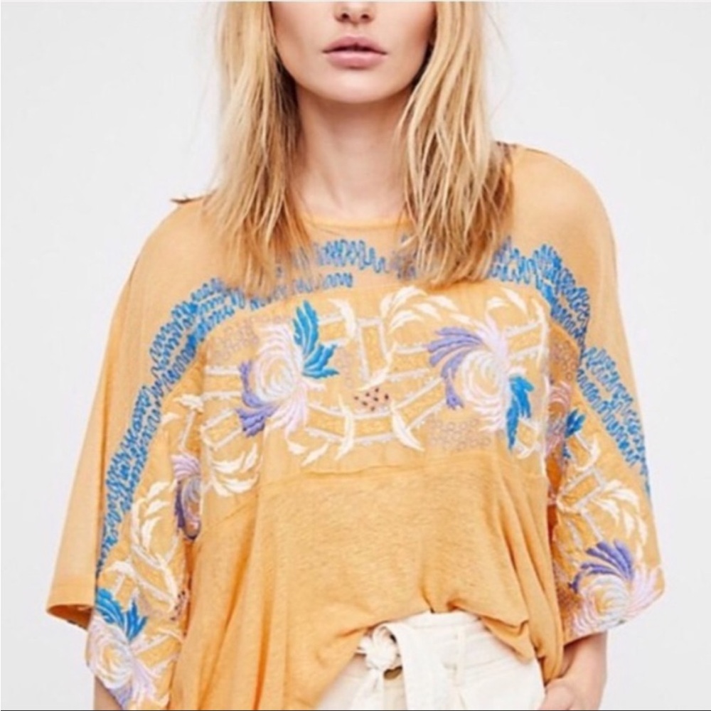 Free People Love Letter Linen Floral Embroidered Boho Poncho Top M